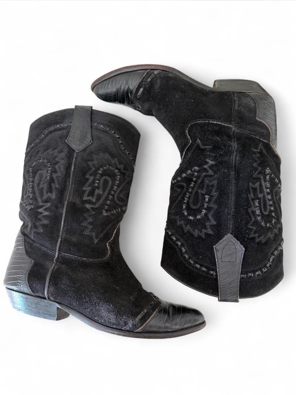 Vintage Black Suede & Lizard Embossed Leather Western Cowboy Boots Size 7
